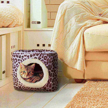 Pet Adobe Indoor Cat Pet Bed Cave with Removable Cushion Pad for Cats/Small Animals, Gray/Black Animal Print 857996PMM